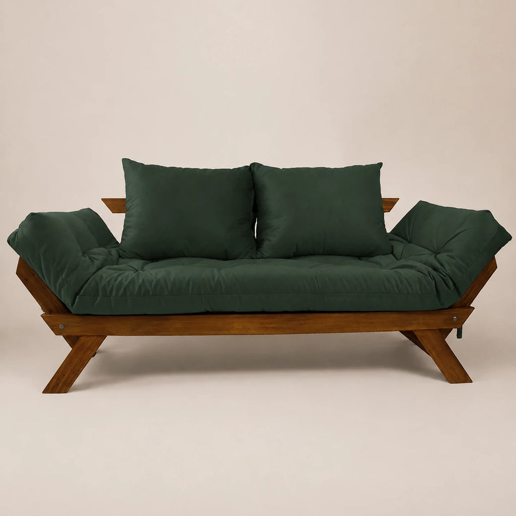 Sof� Cama Reclin�vel Futon Jap�o D33 - Madeira Nobre Imbuia Tecido Sarja Cor Verde Militar
