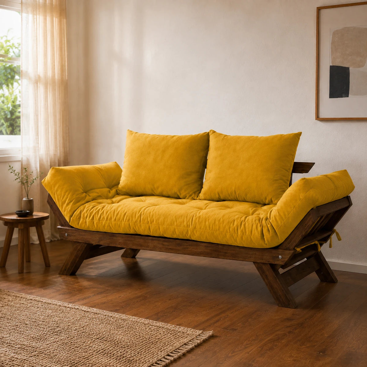 Sof� Cama Reclin�vel Futon D33 Jap�o - Madeira Imbuia Tecido Acquablock Cor Amarelo - ambientada