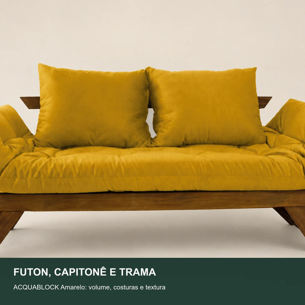 Sof� Cama Reclin�vel Futon Jap�o - Madeira Imbuia Tecido Acquablock Cor Amarelo - detalhe-capitone