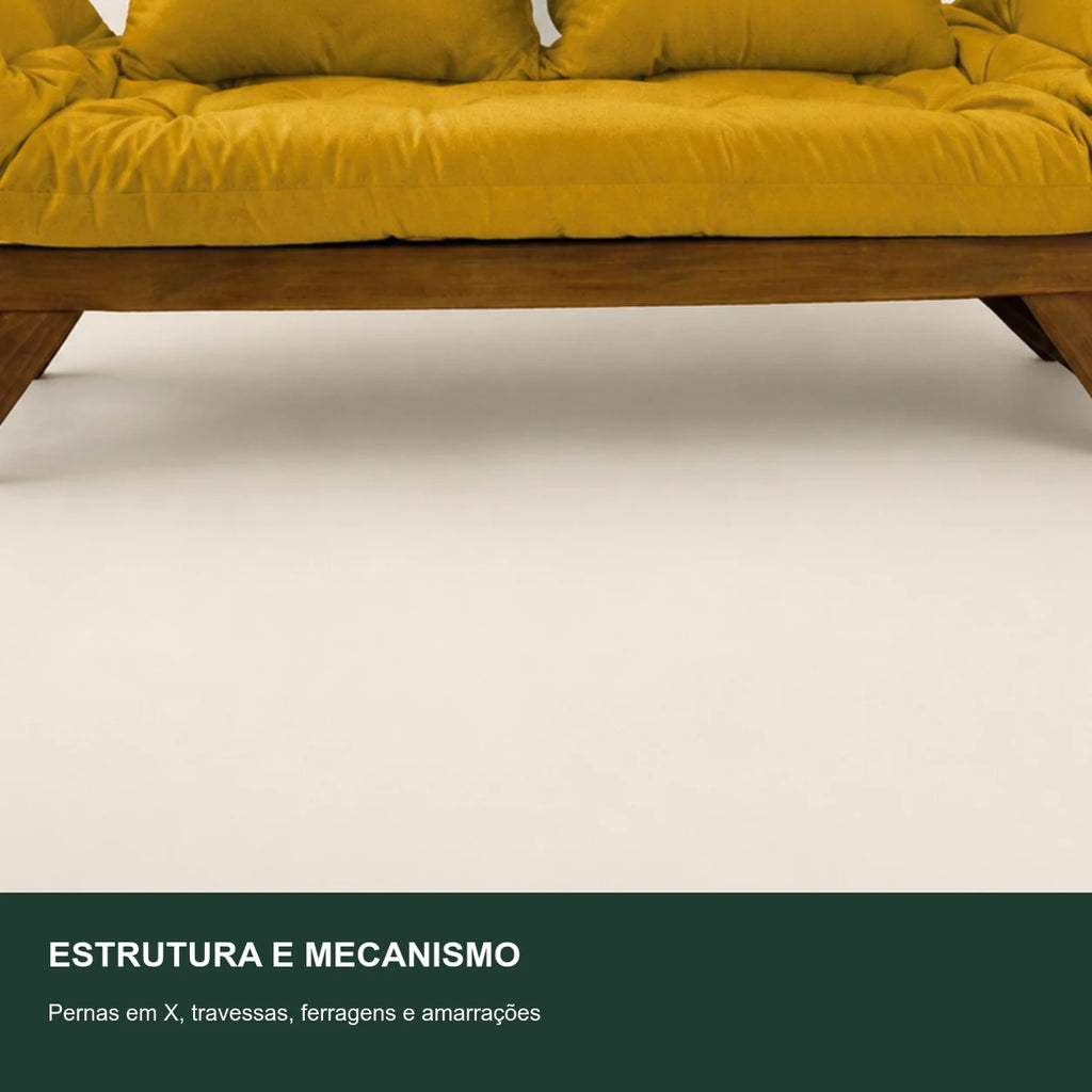 Sof� Cama Reclin�vel Futon Jap�o - Madeira Imbuia Tecido Acquablock Cor Amarelo - detalhe-mecanismo