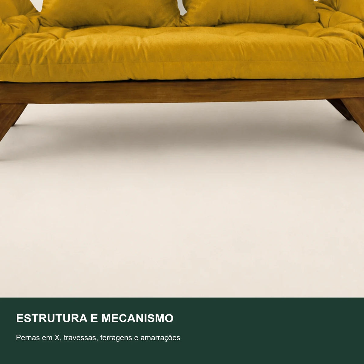 Sof� Cama Reclin�vel Futon Jap�o - Madeira Imbuia Tecido Acquablock Cor Amarelo - detalhe-mecanismo