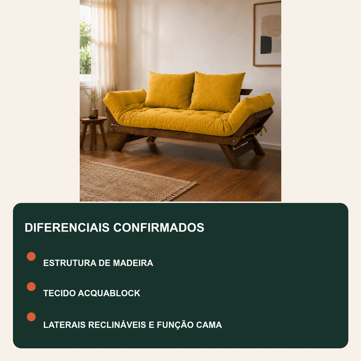 Sof� Cama Reclin�vel Futon Jap�o - Madeira Imbuia Tecido Acquablock Cor Amarelo - diferenciais