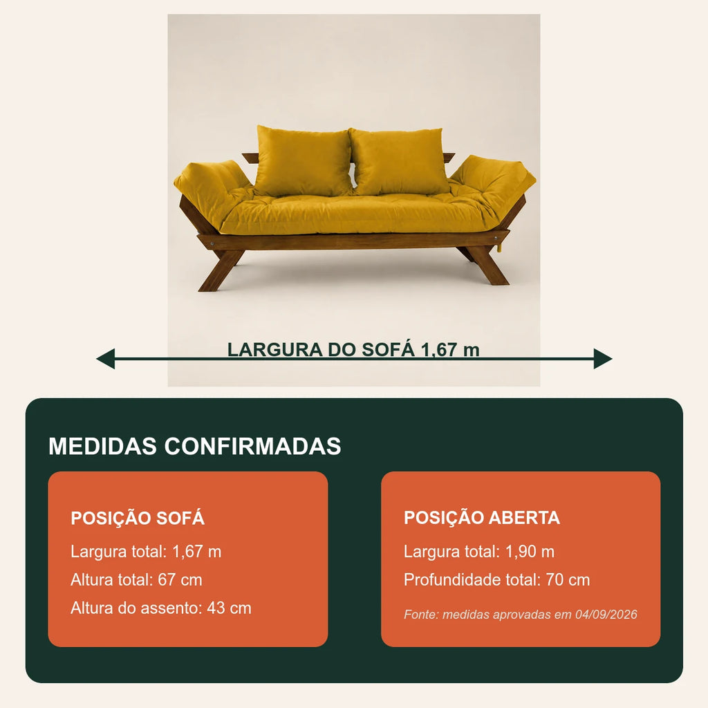 Sof� Cama Reclin�vel Futon Jap�o - Madeira Imbuia Tecido Acquablock Cor Amarelo - medidas