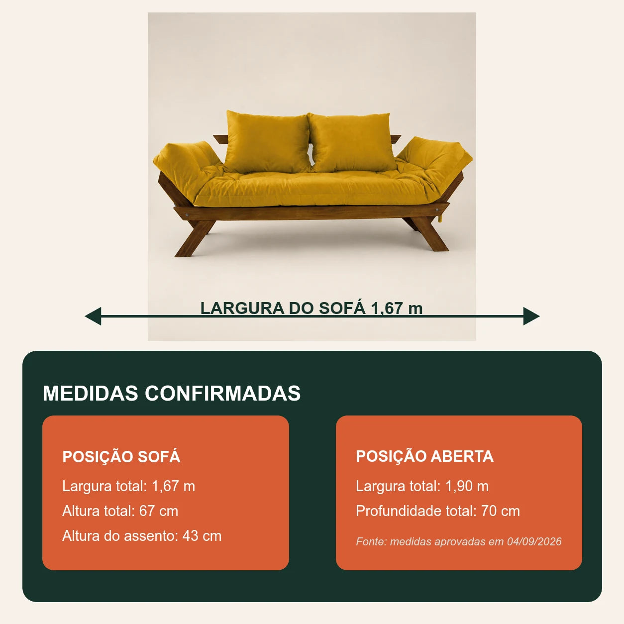 Sof� Cama Reclin�vel Futon D33 Jap�o - Madeira Imbuia Tecido Acquablock Cor Amarelo - medidas