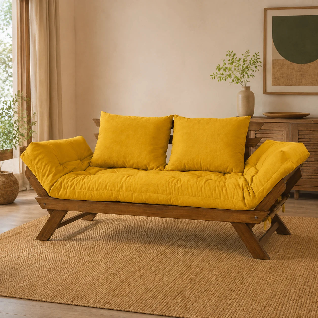 Sof� Cama Reclin�vel Futon Jap�o - Madeira Imbuia Tecido Acquablock Cor Amarelo - reclinada