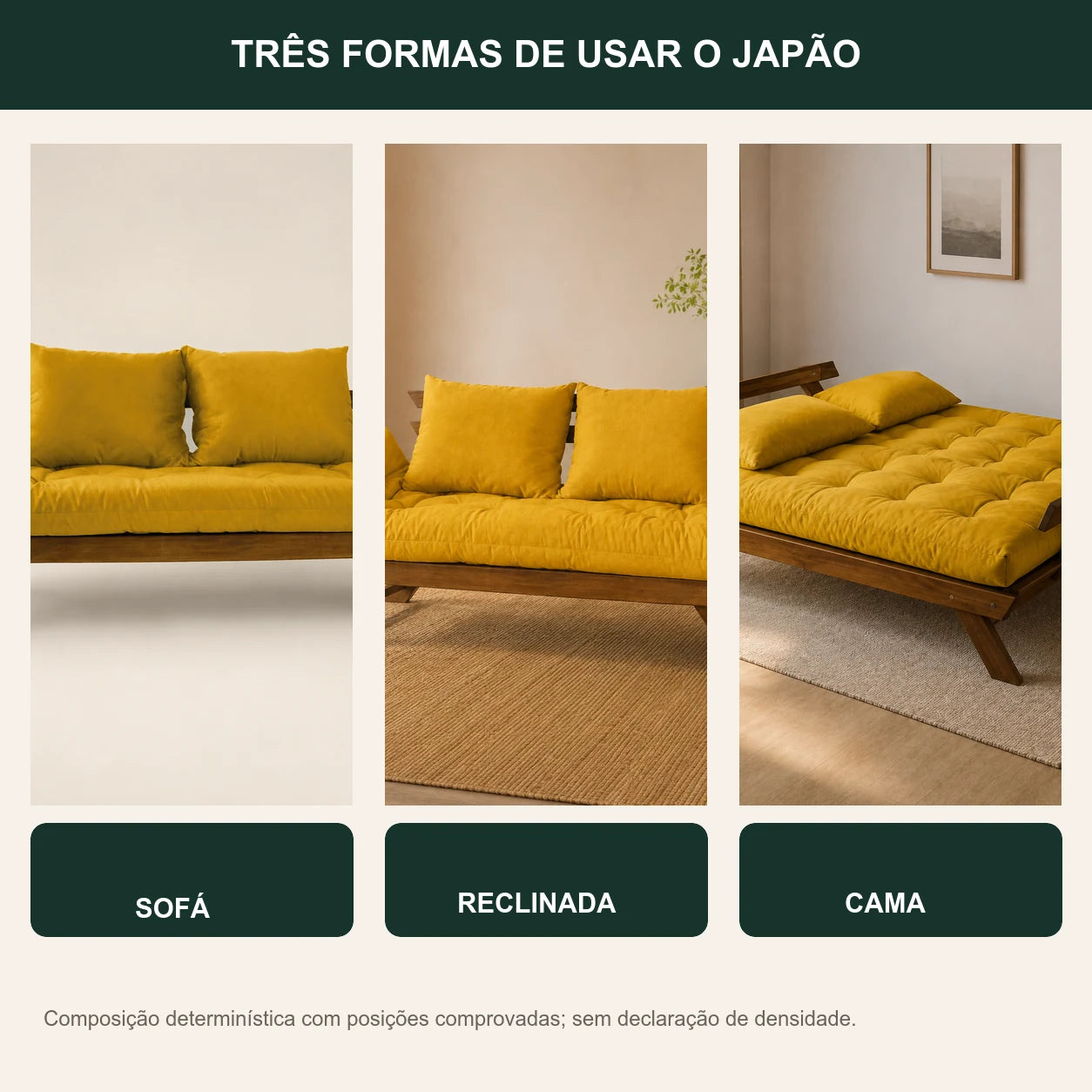 Sof� Cama Reclin�vel Futon Jap�o - Madeira Imbuia Tecido Acquablock Cor Amarelo - transformacao
