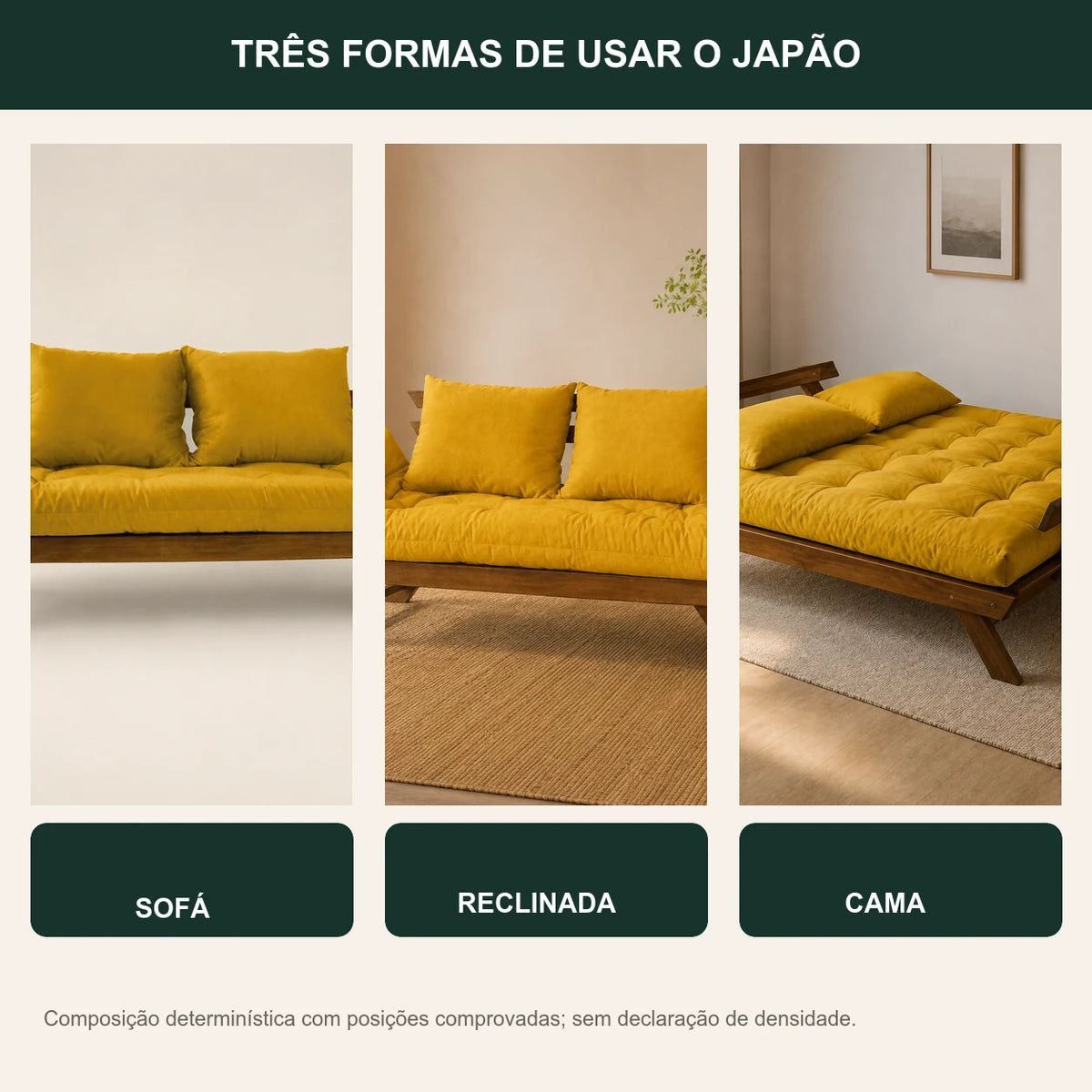 Sof� Cama Reclin�vel Futon D33 Jap�o - Madeira Imbuia Tecido Acquablock Cor Amarelo - transformacao