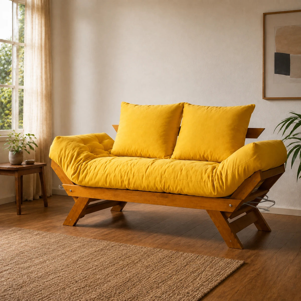Sof� Cama Futon Reclin�vel Jap�o - Madeira Nobre Natural Tecido Acquablock Cor Amarelo - ambientada