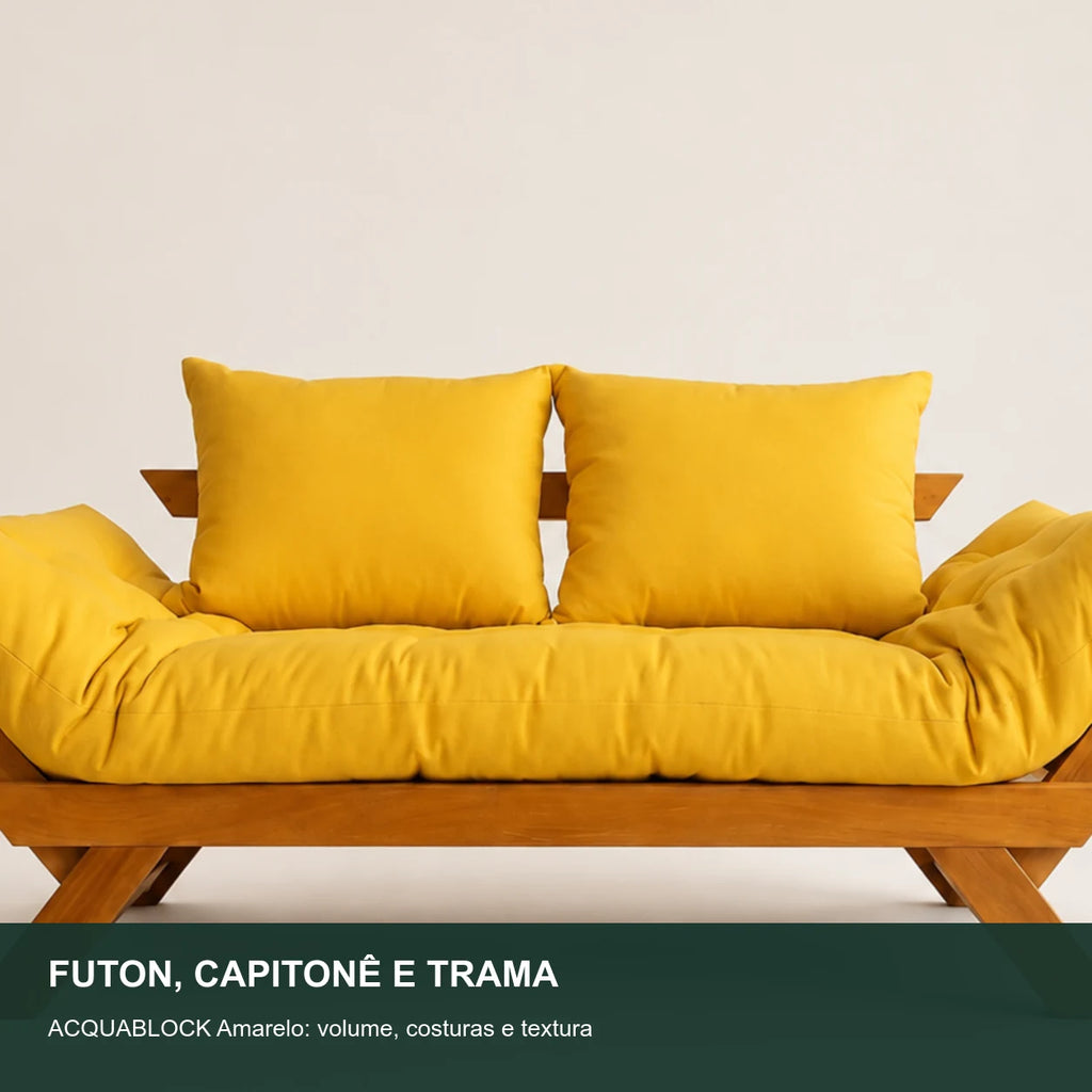 Sof� Cama Reclin�vel Futon Jap�o - Madeira Mel Tecido Acquablock Cor Amarelo - detalhe-capitone