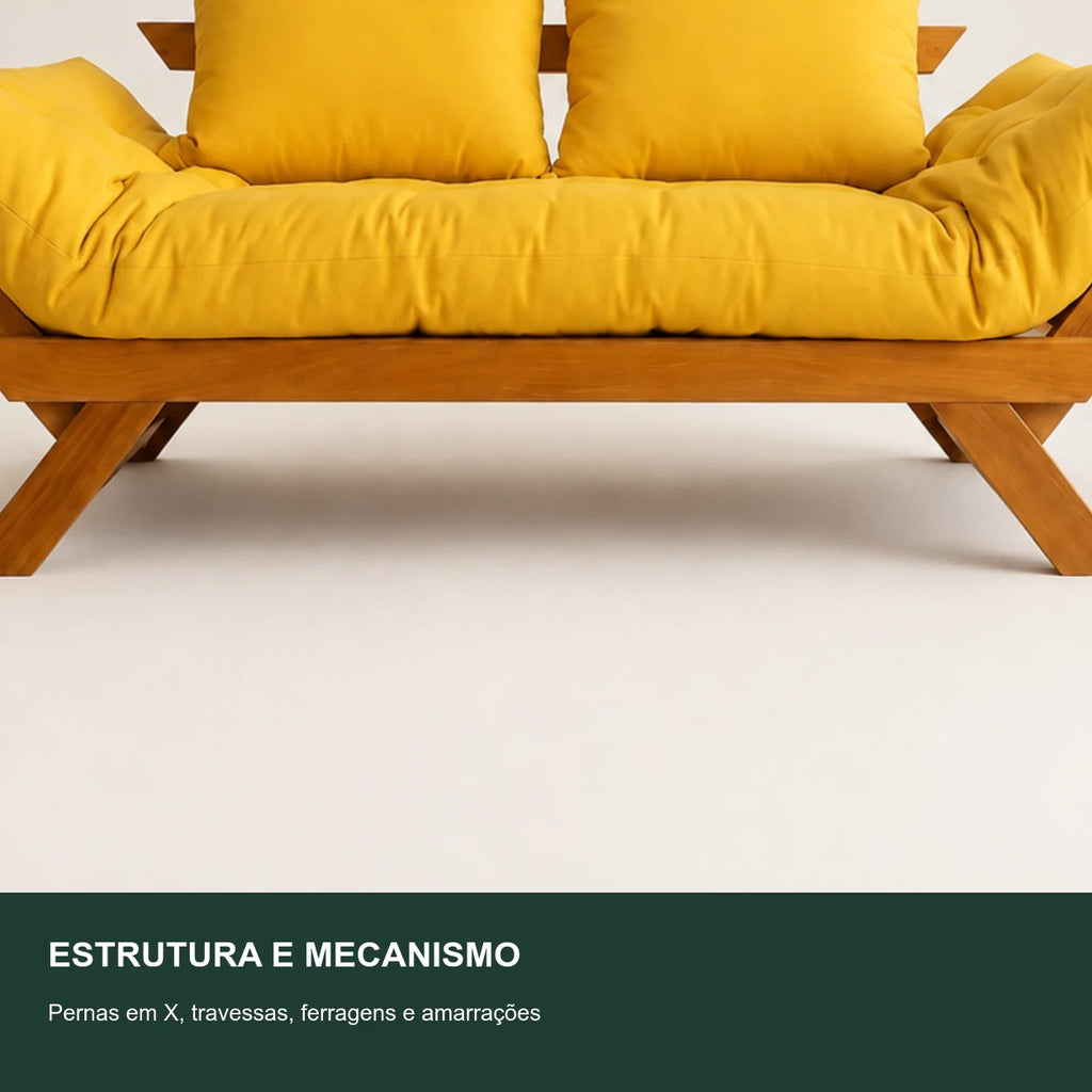 Sof� Cama Reclin�vel Futon Jap�o - Madeira Mel Tecido Acquablock Cor Amarelo - detalhe-mecanismo