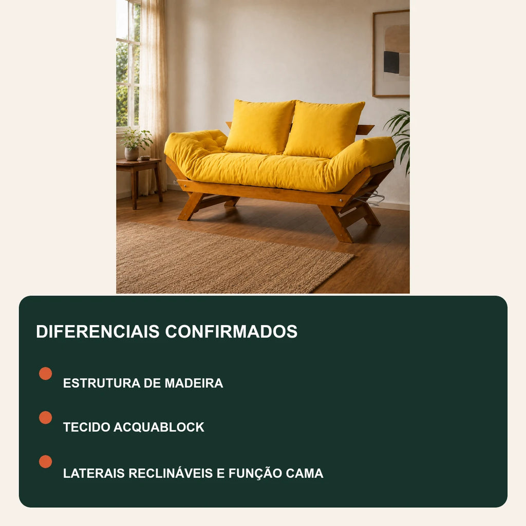 Sof� Cama Reclin�vel Futon Jap�o - Madeira Mel Tecido Acquablock Cor Amarelo - diferenciais