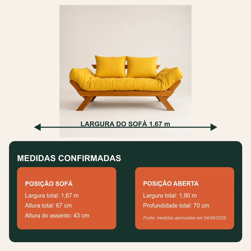 Sof� Cama Reclin�vel Futon Jap�o - Madeira Mel Tecido Acquablock Cor Amarelo - medidas