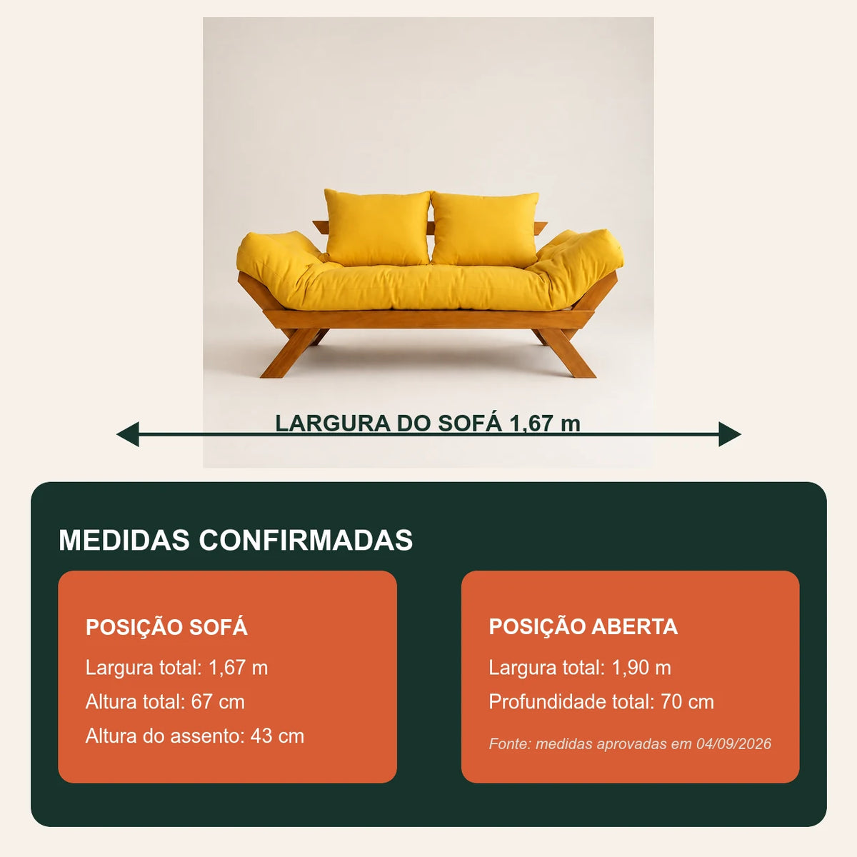 Sof� Cama Reclin�vel Futon Jap�o - Madeira Mel Tecido Acquablock Cor Amarelo - medidas