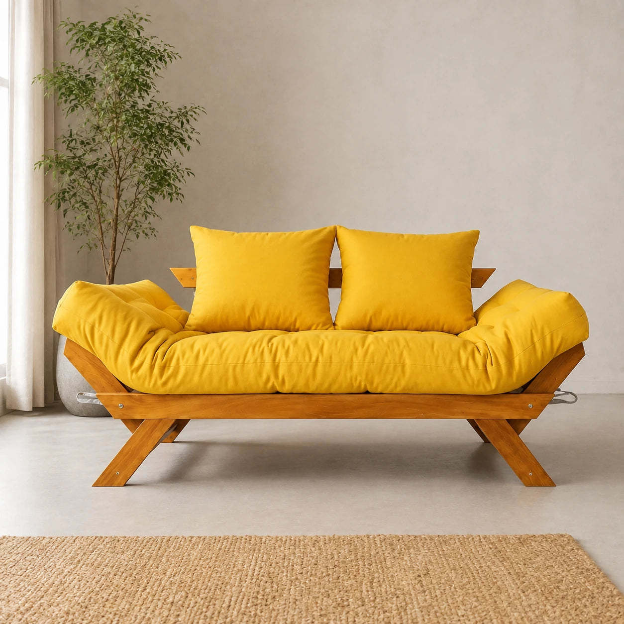 Sof� Cama Reclin�vel Futon Jap�o - Madeira Mel Tecido Acquablock Cor Amarelo - reclinada