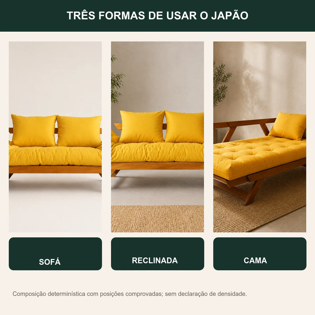 Sof� Cama Reclin�vel Futon Jap�o - Madeira Mel Tecido Acquablock Cor Amarelo - transformacao