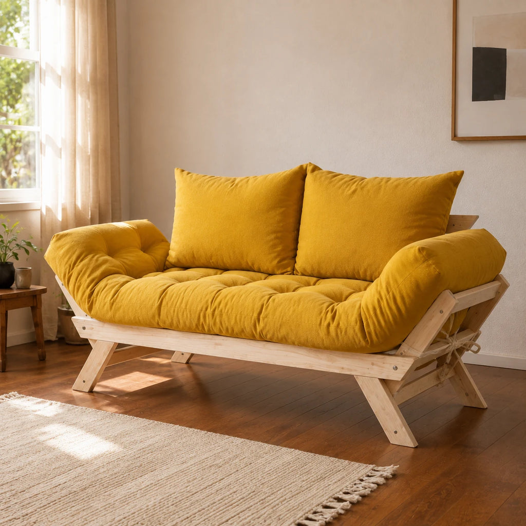Sof� Cama Reclin�vel Futon Jap�o - Madeira Sem Pintura Tecido Acquablock Cor Amarelo - ambientada