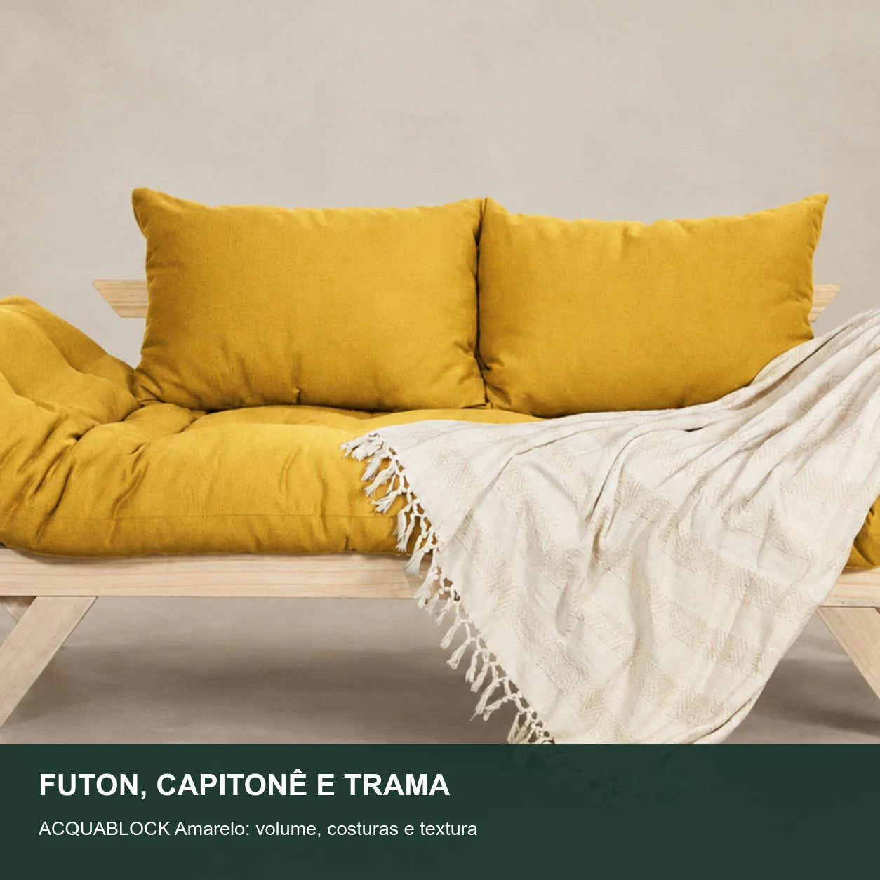 Sof� Cama Reclin�vel Futon Jap�o - Madeira Sem Pintura Tecido Acquablock Cor Amarelo - detalhe-capitone