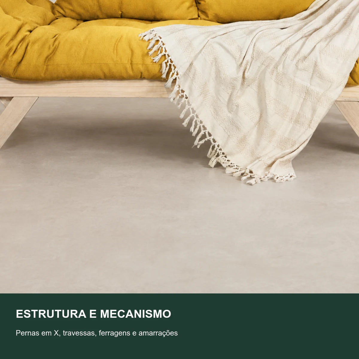 Sof� Cama Reclin�vel Futon Jap�o - Madeira Sem Pintura Tecido Acquablock Cor Amarelo - detalhe-mecanismo