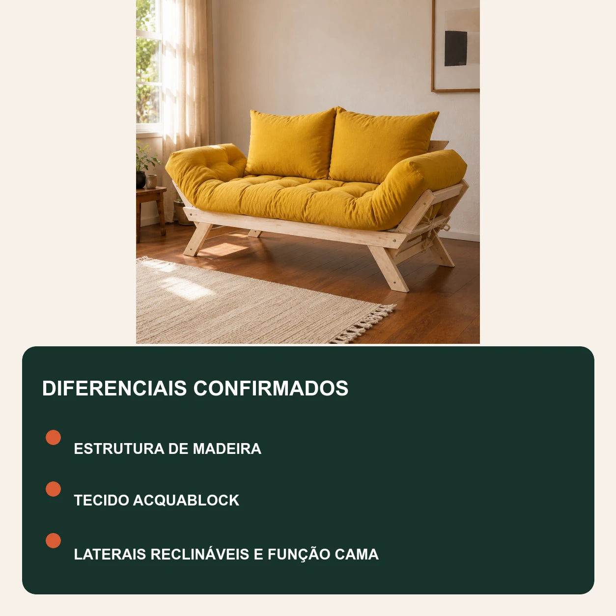 Sof� Cama Reclin�vel Futon Jap�o - Madeira Sem Pintura Tecido Acquablock Cor Amarelo - diferenciais