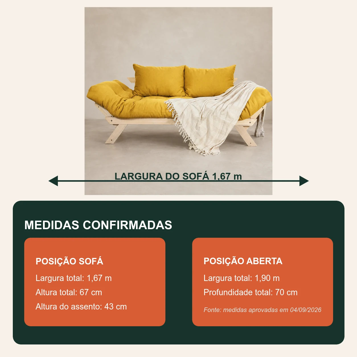 Sof� Cama Reclin�vel Futon Jap�o - Madeira Sem Pintura Tecido Acquablock Cor Amarelo - medidas