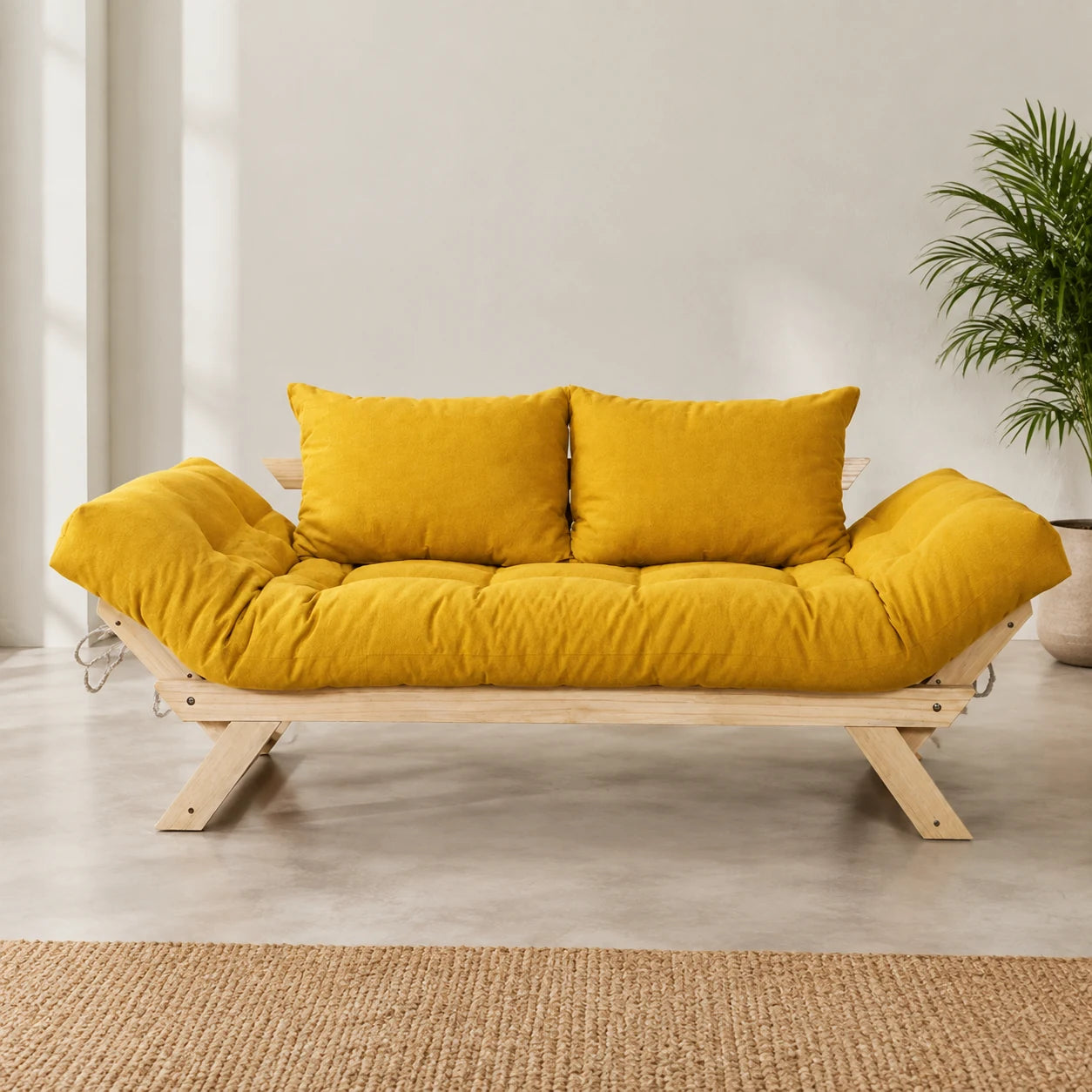 Sof� Cama Reclin�vel Futon Jap�o - Madeira Sem Pintura Tecido Acquablock Cor Amarelo - reclinada
