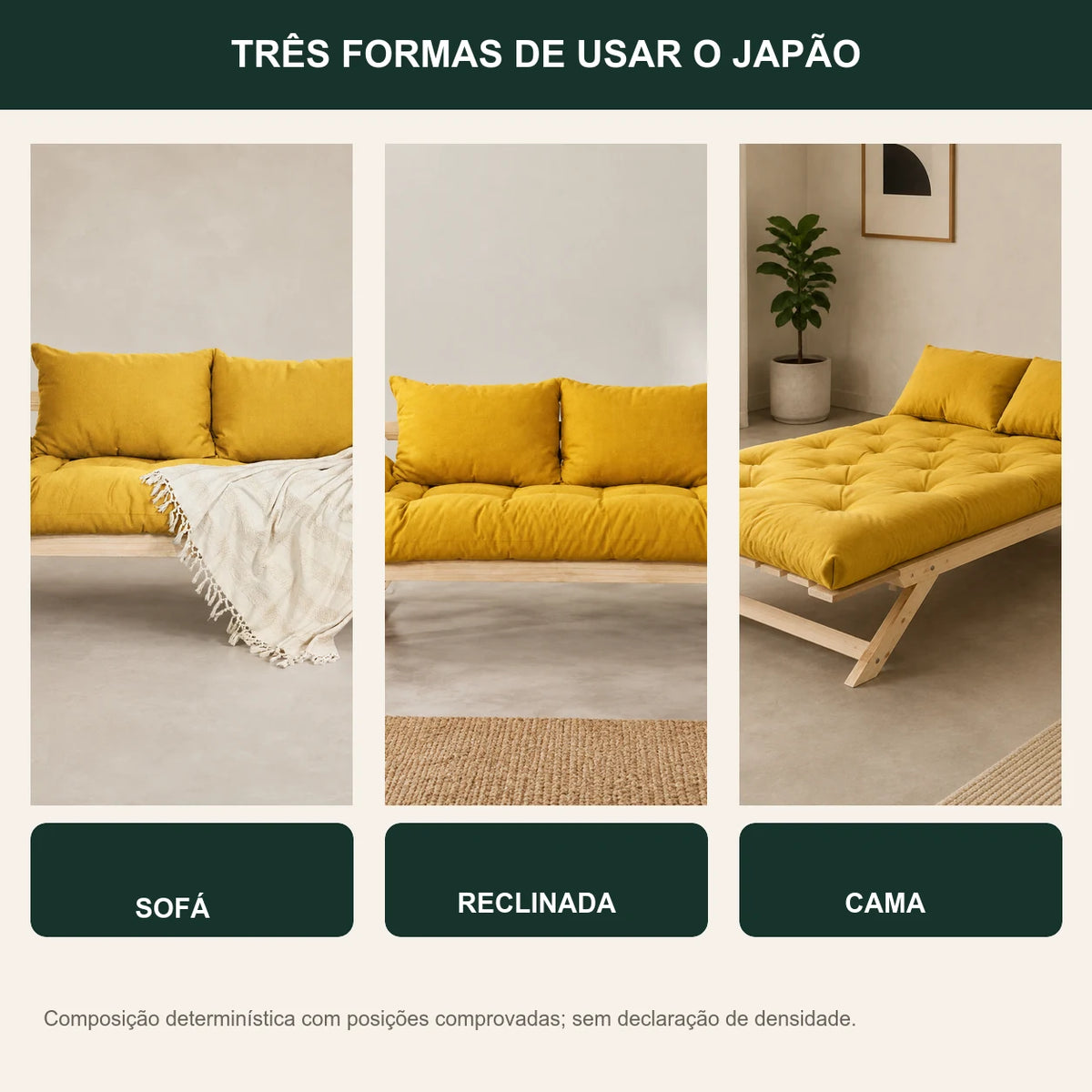 Sof� Cama Reclin�vel Futon Jap�o - Madeira Sem Pintura Tecido Acquablock Cor Amarelo - transformacao