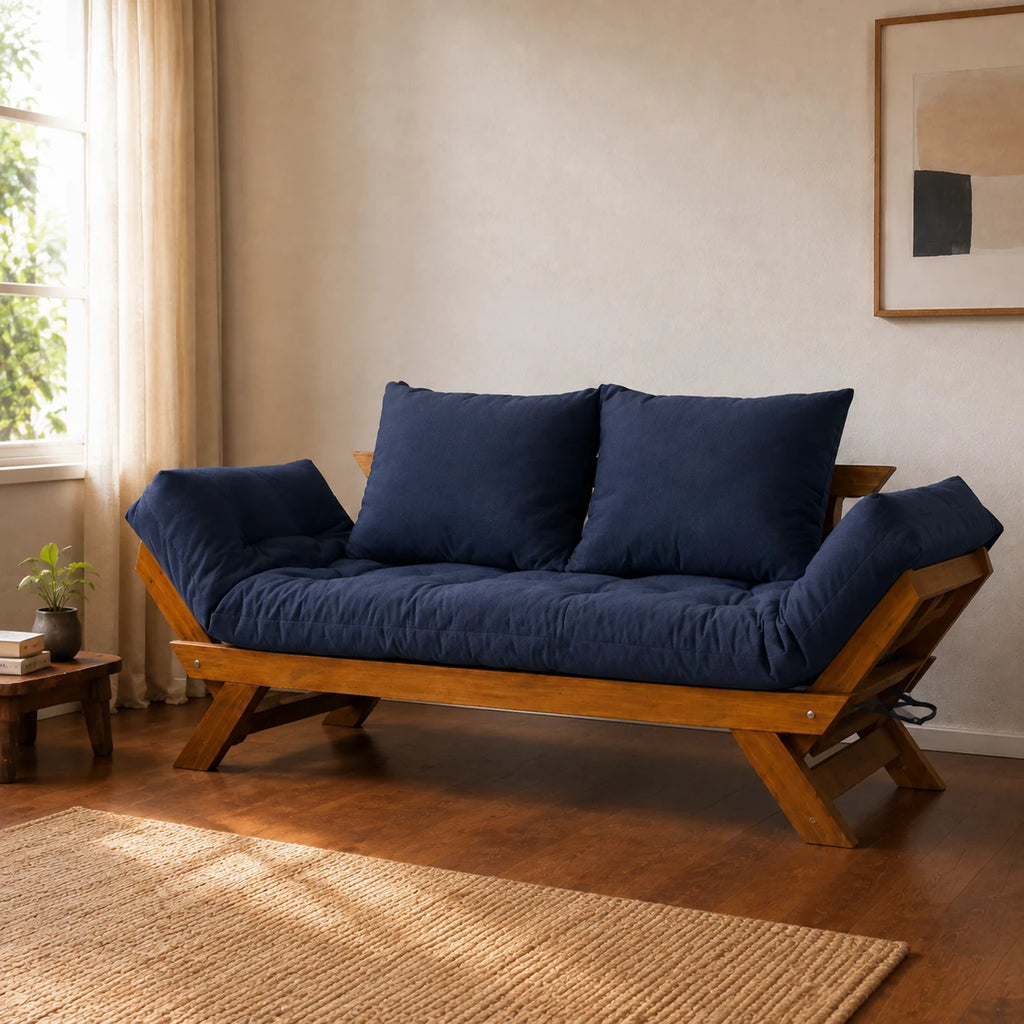 Sof� Cama Reclin�vel Futon D33 Jap�o - Madeira Imbuia Tecido  Acquablock Cor Azul Royal - ambientada