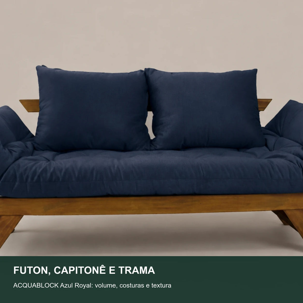 Sof� Cama Reclin�vel Futon D33 Jap�o - Madeira Imbuia Tecido  Acquablock Cor Azul Royal - detalhe-capitone