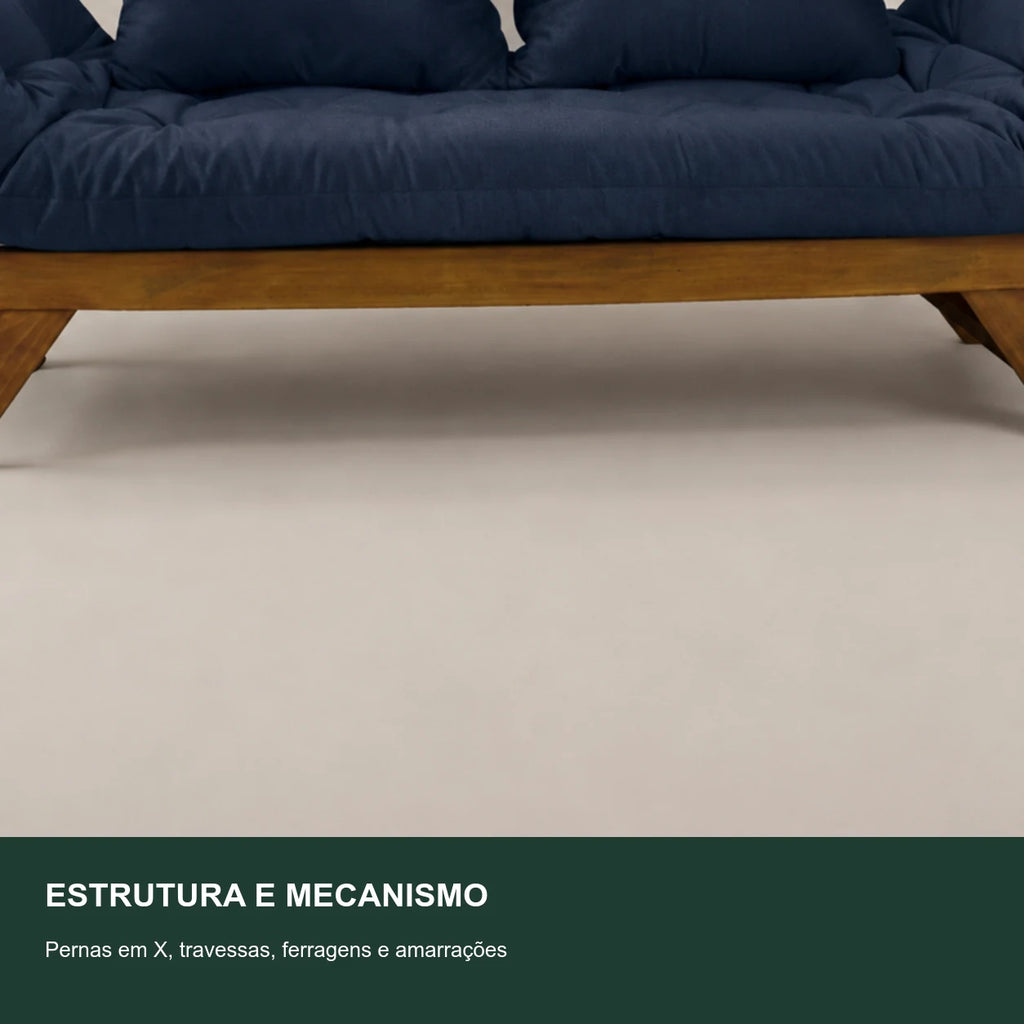 Sof� Cama Reclin�vel Futon D33 Jap�o - Madeira Imbuia Tecido  Acquablock Cor Azul Royal - detalhe-mecanismo