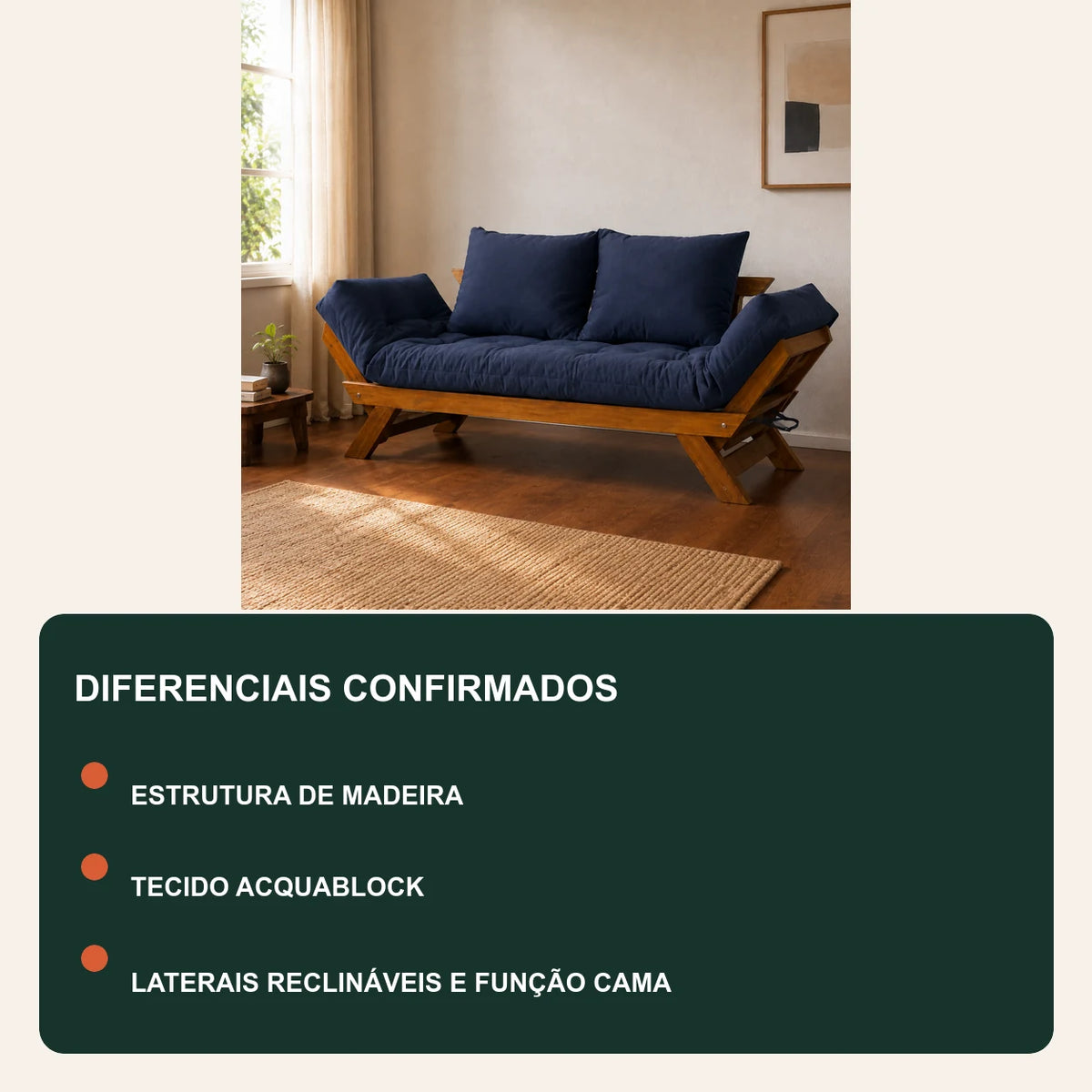 Sof� Cama Reclin�vel Futon D33 Jap�o - Madeira Imbuia Tecido  Acquablock Cor Azul Royal - diferenciais