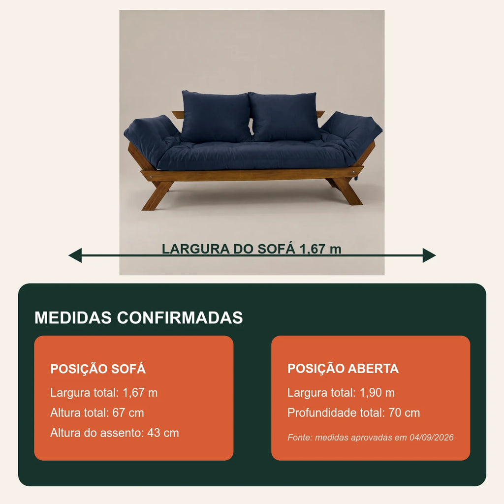 Sof� Cama Reclin�vel Futon D33 Jap�o - Madeira Imbuia Tecido  Acquablock Cor Azul Royal - medidas