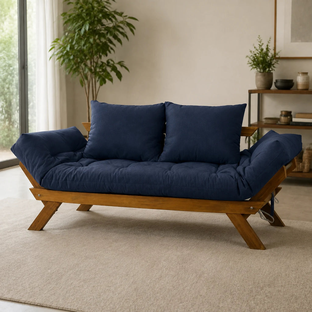 Sof� Cama Reclin�vel Futon D33 Jap�o - Madeira Imbuia Tecido  Acquablock Cor Azul Royal - reclinada