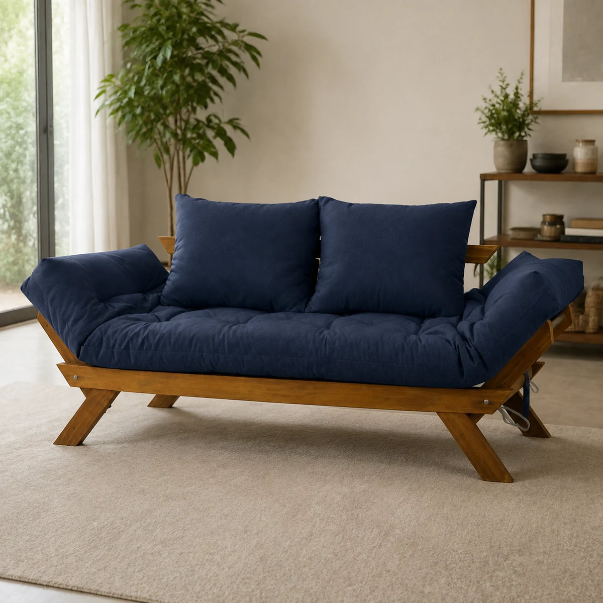 Sof� Cama Reclin�vel Futon D33 Jap�o - Madeira Imbuia Tecido  Acquablock Cor Azul Royal - reclinada