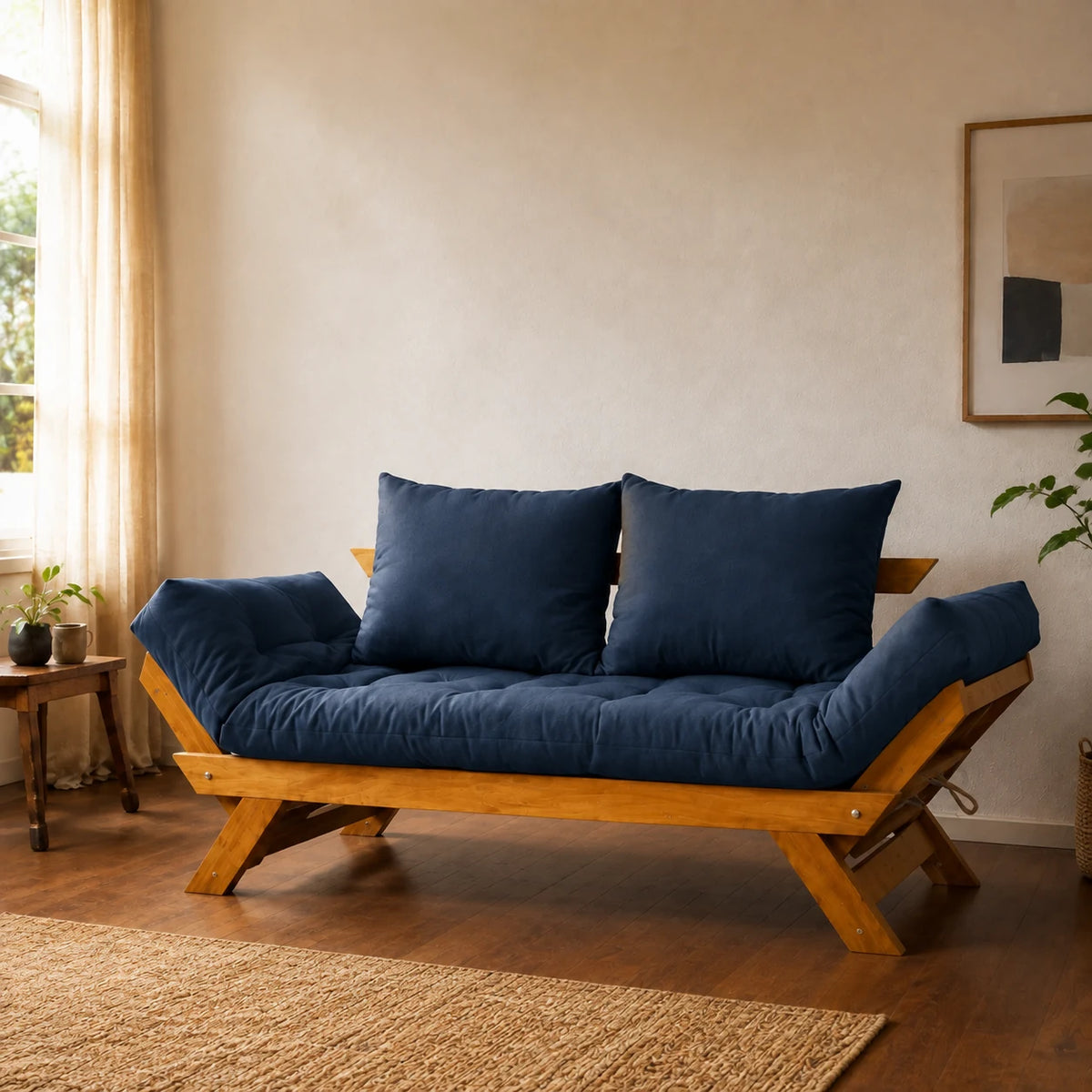 Sof� Cama Reclin�vel Futon Jap�o - Madeira Mel Tecido Acquablock Cor Azul Royal - ambientada