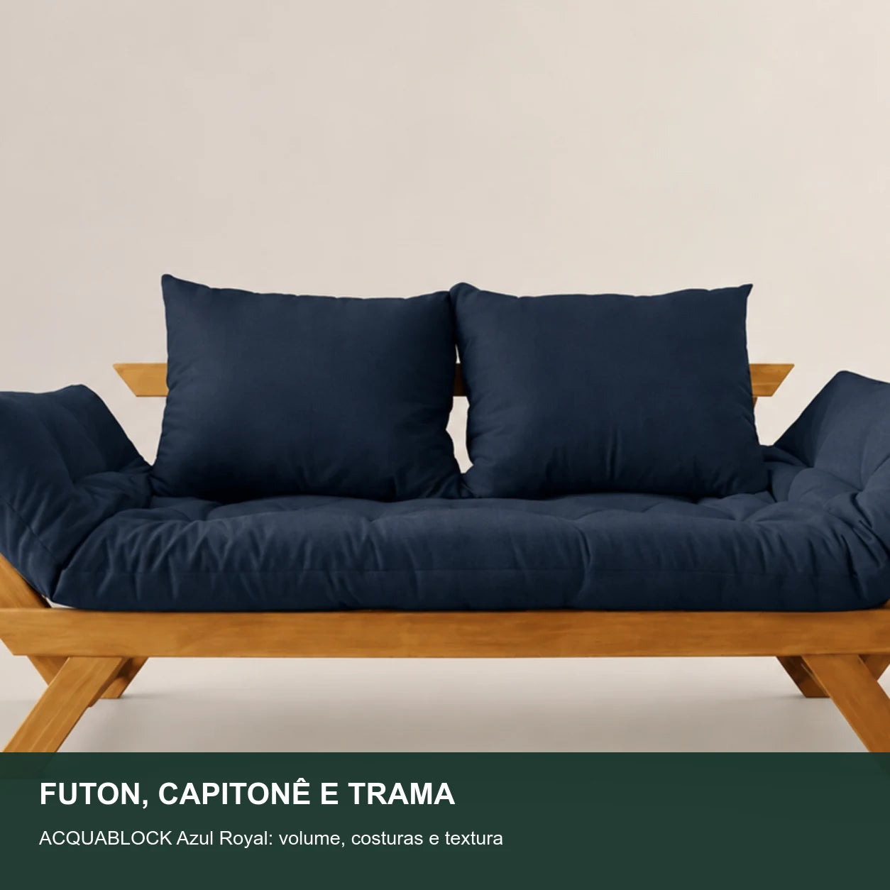 Sof� Cama Reclin�vel Futon Jap�o - Madeira Mel Tecido Acquablock Cor Azul Royal - detalhe-capitone