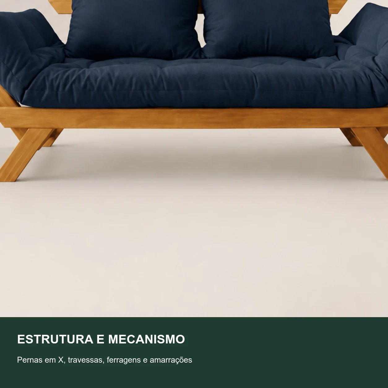 Sof� Cama Reclin�vel Futon Jap�o - Madeira Mel Tecido Acquablock Cor Azul Royal - detalhe-mecanismo