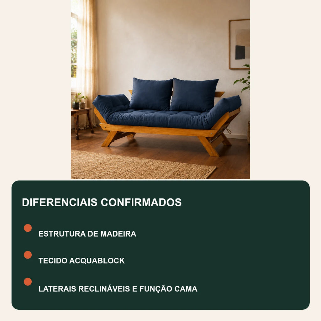 Sof� Cama Reclin�vel Futon Jap�o - Madeira Mel Tecido Acquablock Cor Azul Royal - diferenciais
