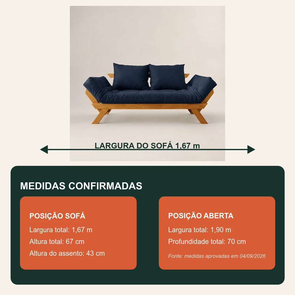 Sof� Cama Reclin�vel Futon Jap�o - Madeira Mel Tecido Acquablock Cor Azul Royal - medidas