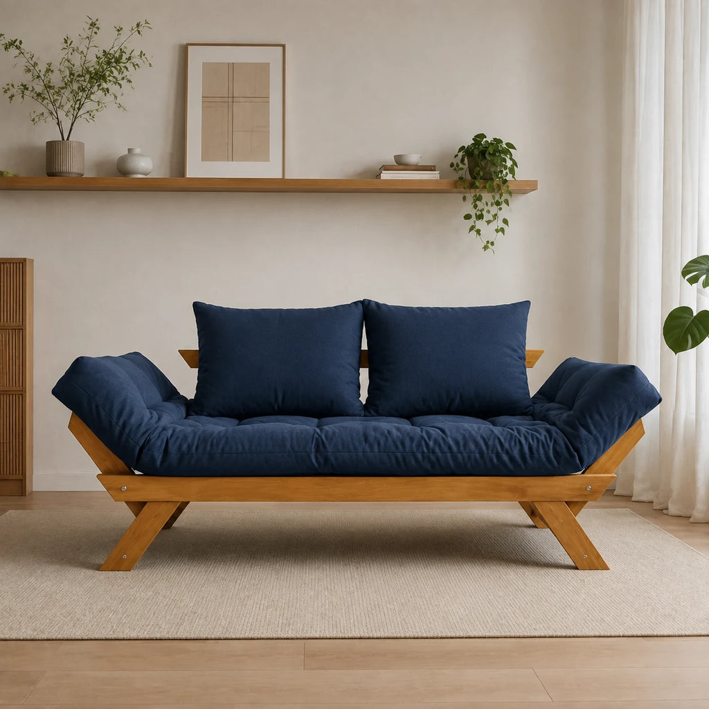 Sof� Cama Reclin�vel Futon Jap�o - Madeira Mel Tecido Acquablock Cor Azul Royal - reclinada
