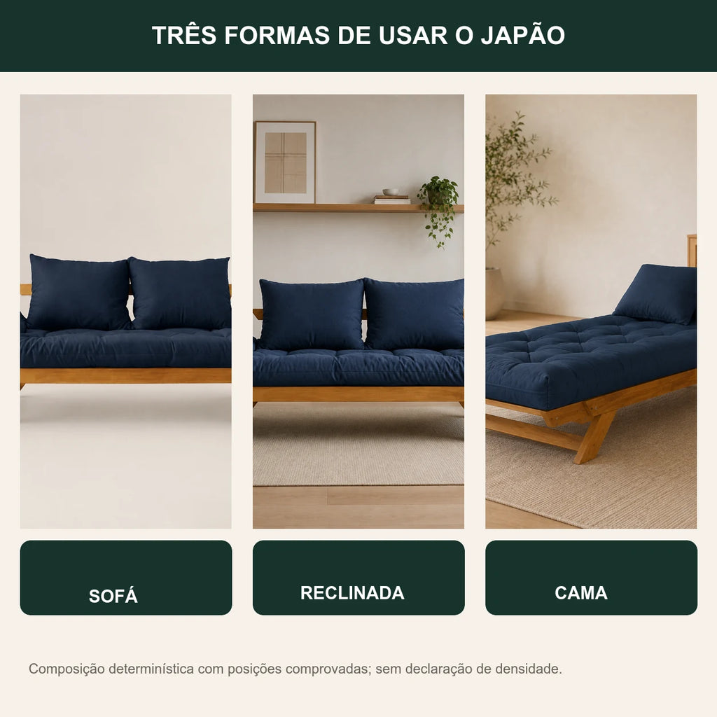 Sof� Cama Reclin�vel Futon Jap�o - Madeira Mel Tecido Acquablock Cor Azul Royal - transformacao