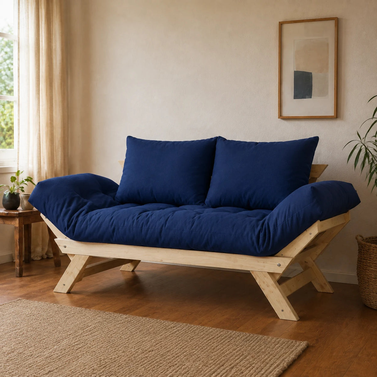 Sof� Cama Reclin�vel Futon Jap�o - Madeira Sem Pintura Tecido Acquablock Cor Azul Royal - ambientada