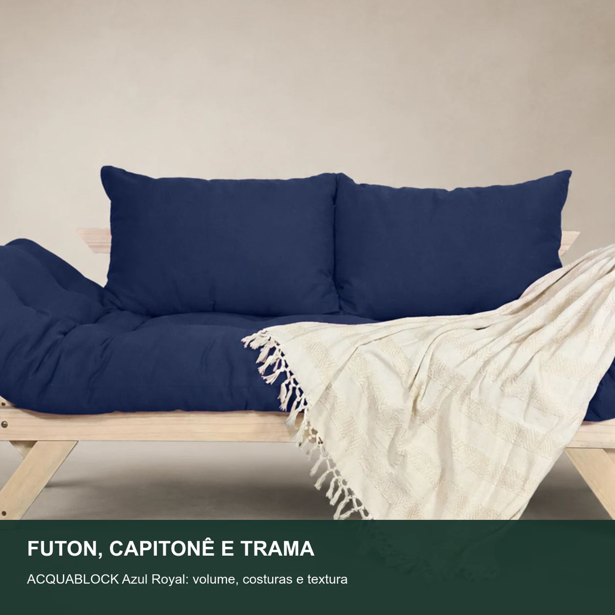 Sof� Cama Reclin�vel Futon Jap�o - Madeira Sem Pintura Tecido Acquablock Cor Azul Royal - detalhe-capitone