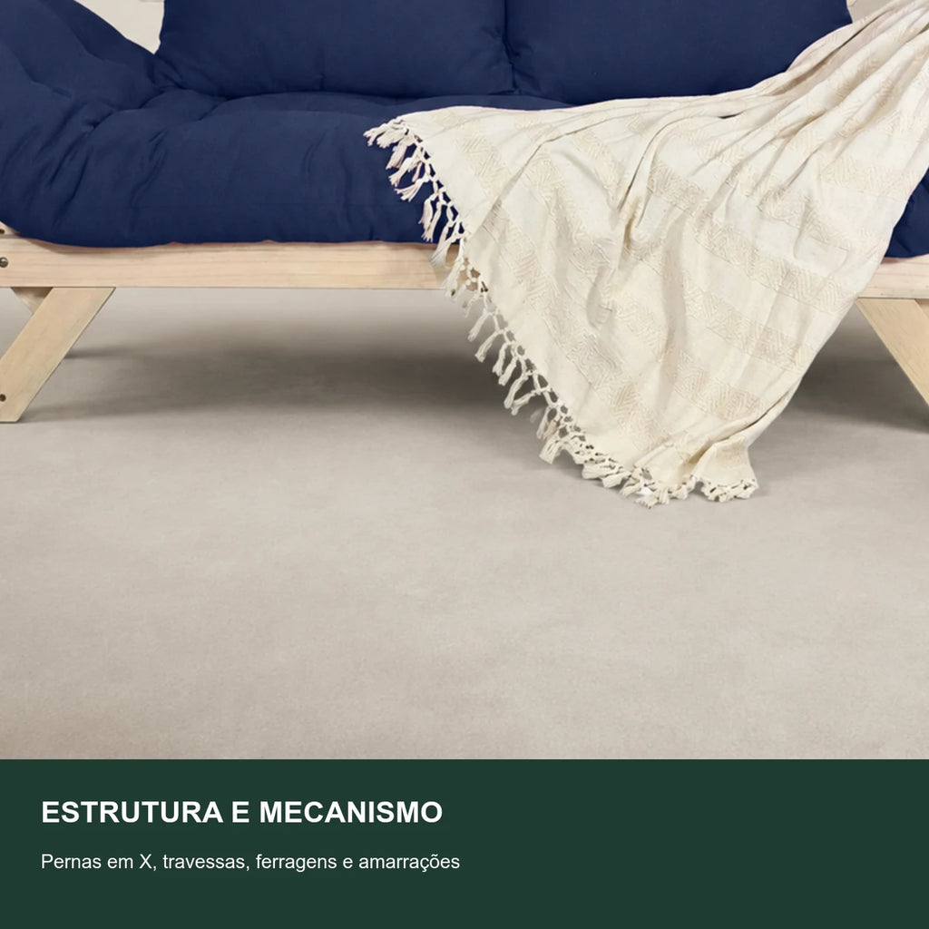 Sof� Cama Reclin�vel Futon Jap�o - Madeira Sem Pintura Tecido Acquablock Cor Azul Royal - detalhe-mecanismo