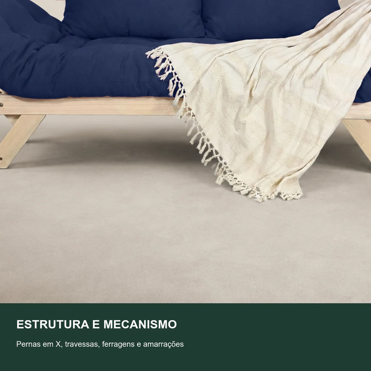 Sof� Cama Reclin�vel Futon Jap�o - Madeira Sem Pintura Tecido Acquablock Cor Azul Royal - detalhe-mecanismo
