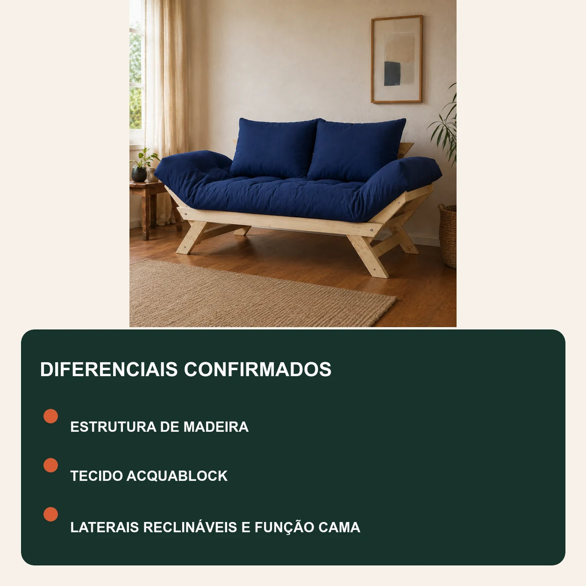 Sof� Cama Reclin�vel Futon Jap�o - Madeira Sem Pintura Tecido Acquablock Cor Azul Royal - diferenciais