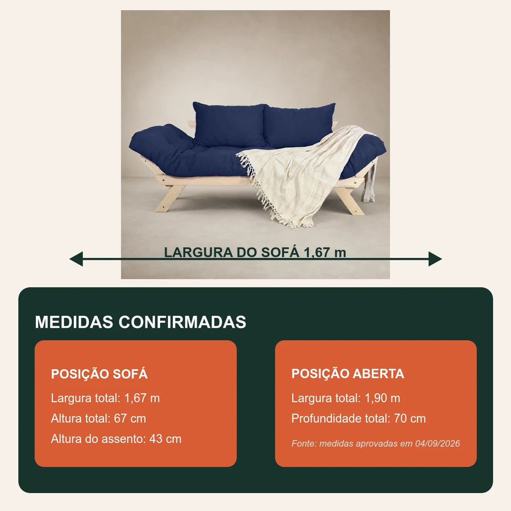 Sof� Cama Reclin�vel Futon Jap�o - Madeira Sem Pintura Tecido Acquablock Cor Azul Royal - medidas