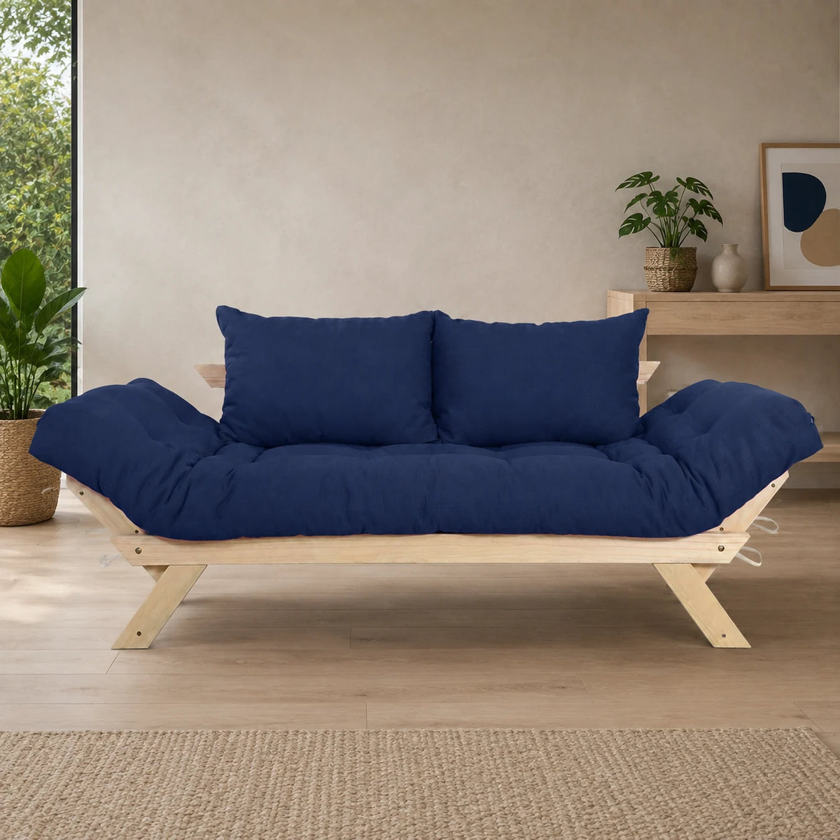 Sof� Cama Reclin�vel Futon Jap�o - Madeira Sem Pintura Tecido Acquablock Cor Azul Royal - reclinada