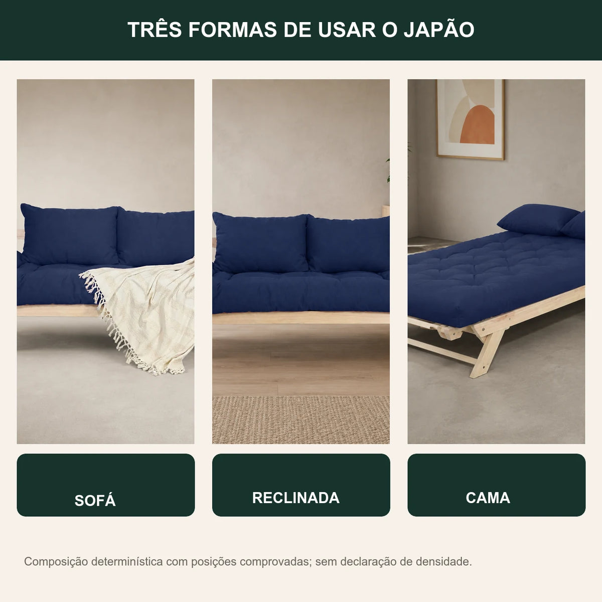 Sof� Cama Reclin�vel Futon Jap�o - Madeira Sem Pintura Tecido Acquablock Cor Azul Royal - transformacao