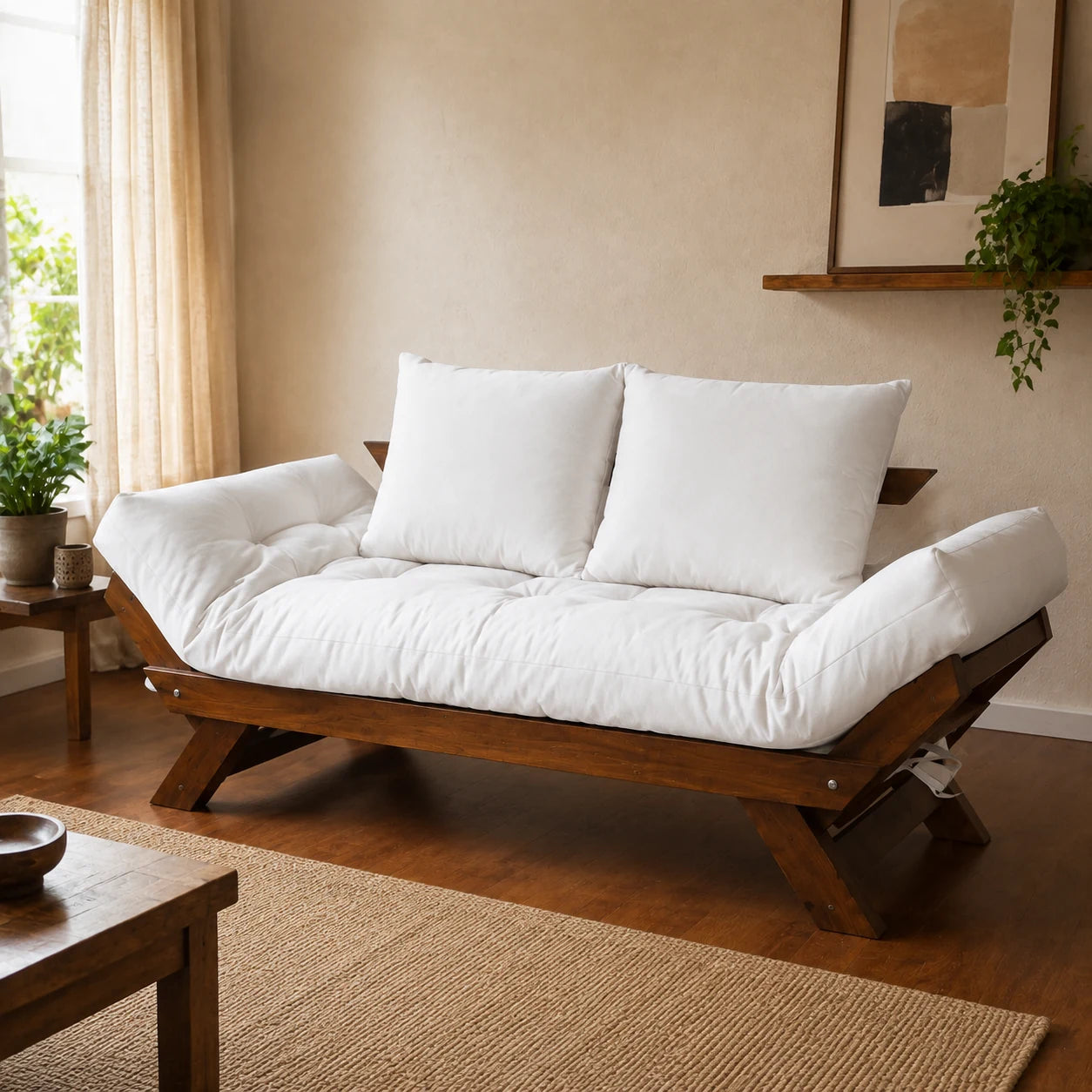 Sof� Cama Reclin�vel Futon Jap�o - Madeira Imbuia Tecido Acquablock Cor Branco Off - ambientada