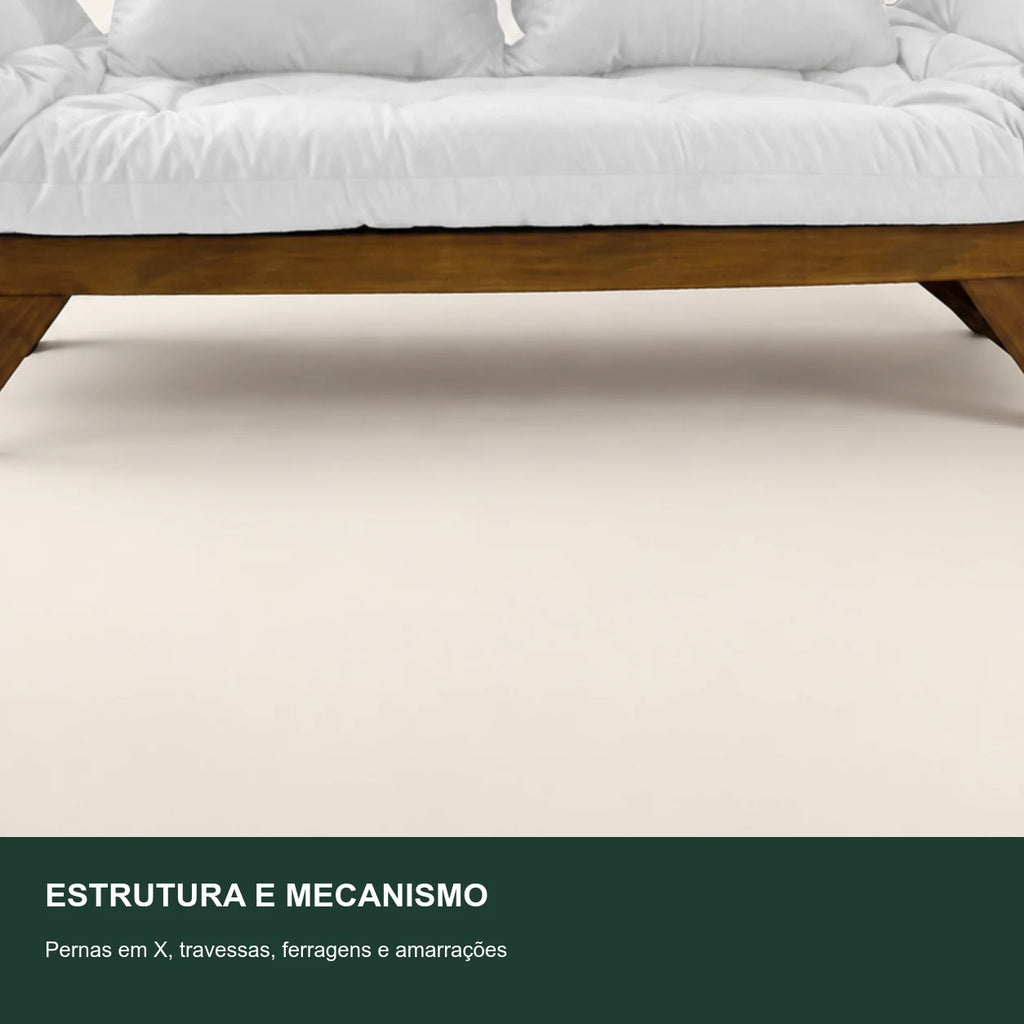 Sof� Cama Reclin�vel Futon Jap�o - Madeira Imbuia Tecido Acquablock Cor Branco Off - detalhe-mecanismo